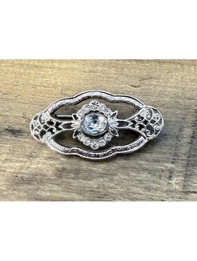 1928 Vintage Style Silver Tone Rhinestone Filigree Brooch Pin Oval Victorian